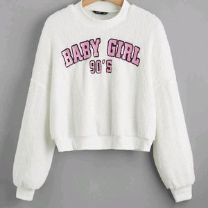 NEW《 shein 》 Y2k Cropped Fluffy Plush White Crewneck Embroidered Sweatshirt 1X